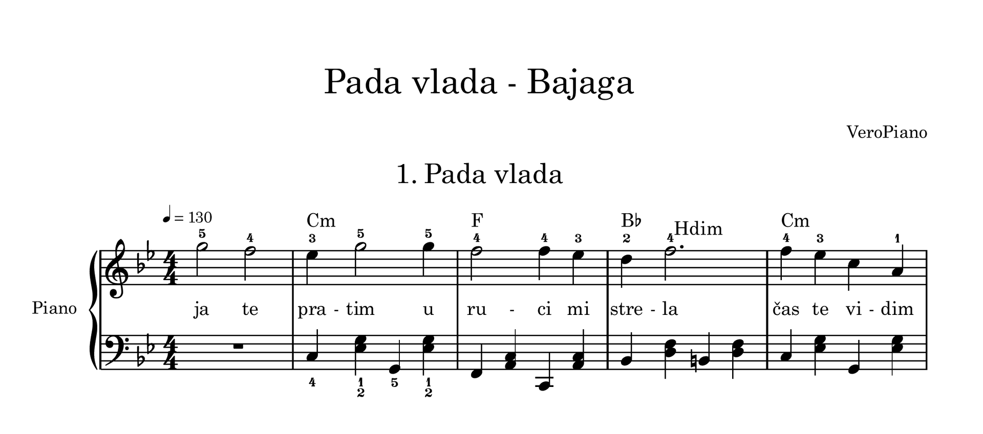 Primer nota za pesmu Pada vlada